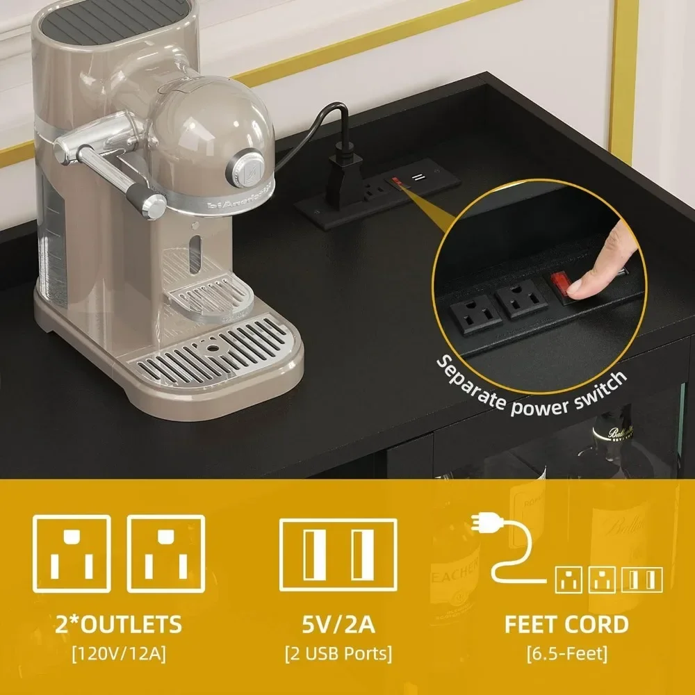 ตู้บาร์ไวน์พร้อมไฟ LED และปลั๊กไฟ53 "ตู้บาร์กาแฟสำหรับสุราและแว่นตาตู้เก็บของ