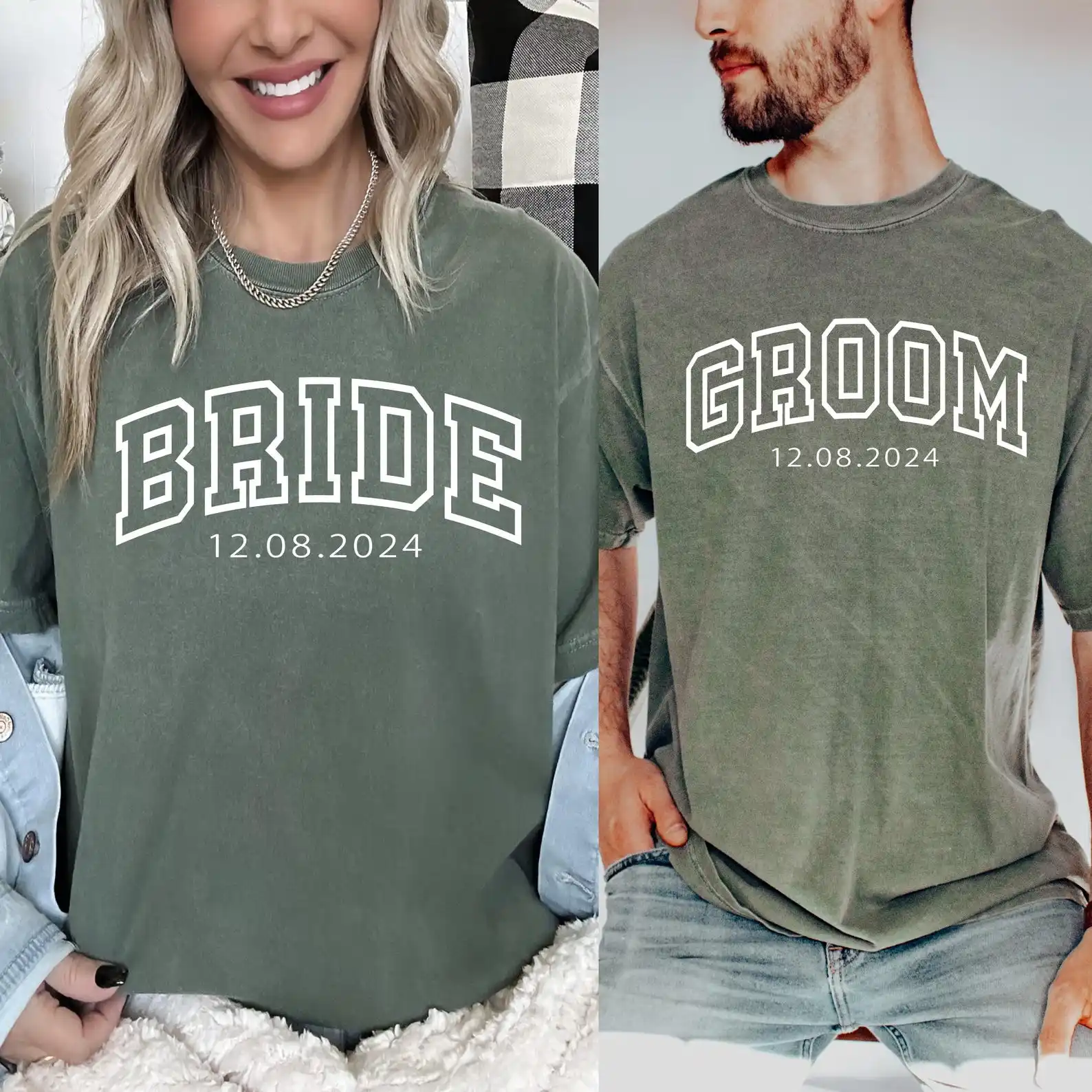 

Custom Bride Groom Date T-shirt Unisex Vintage Tops Personalized Engagement Shirt Honeymoon Matching Bride And Groom Clothing