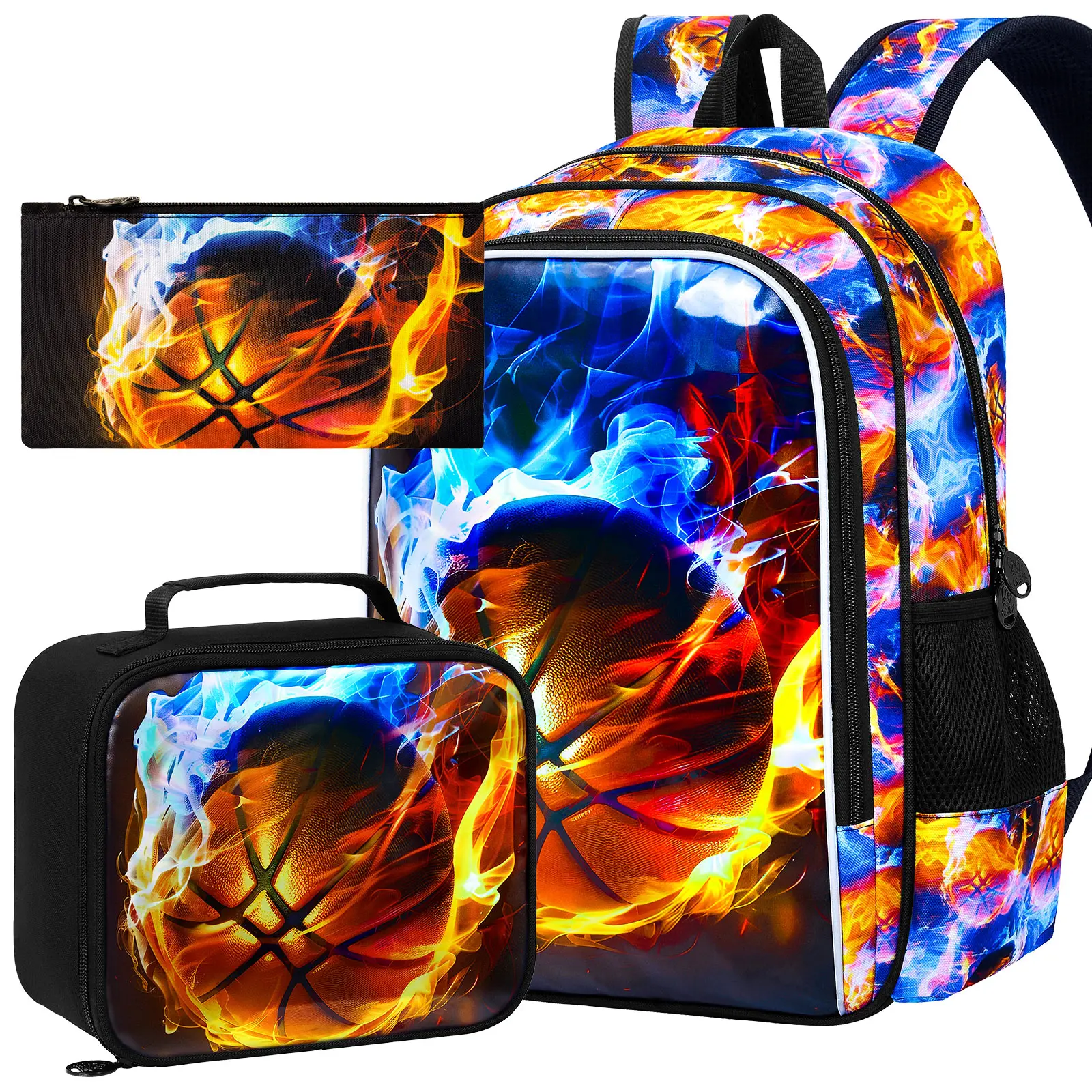 

3PCS Bsketball Backpack for Boys, 17 Inch Kids Preschool Bookbags with Lunch Box, Cool Elementary School Bag for Kindergarten