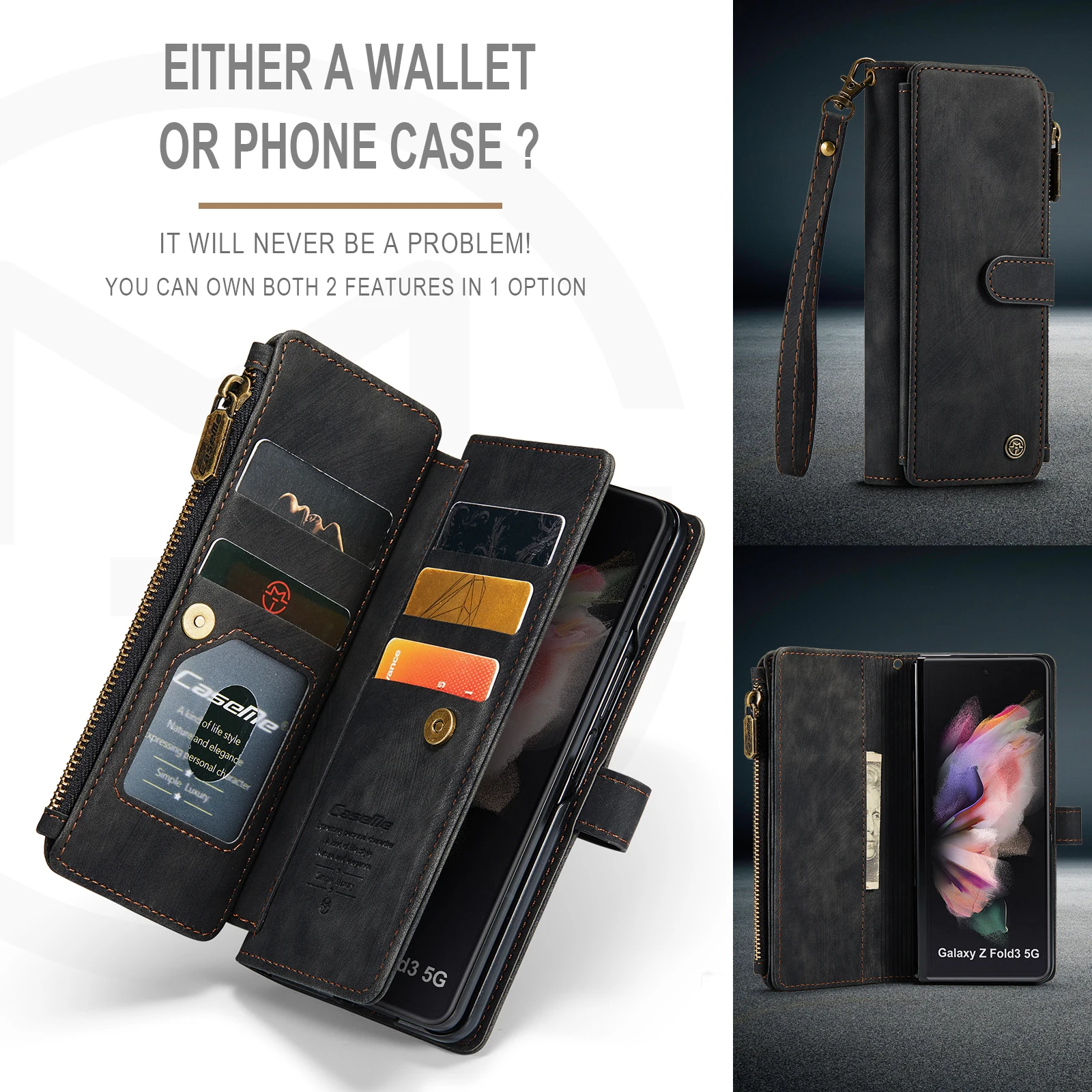 for Samsung Galaxy Z Fold 3/4 Wallet Case,Durable PU Leather Magnetic Wallet Flip Lanyard Strap Wristlet Zipper Card Holder Case