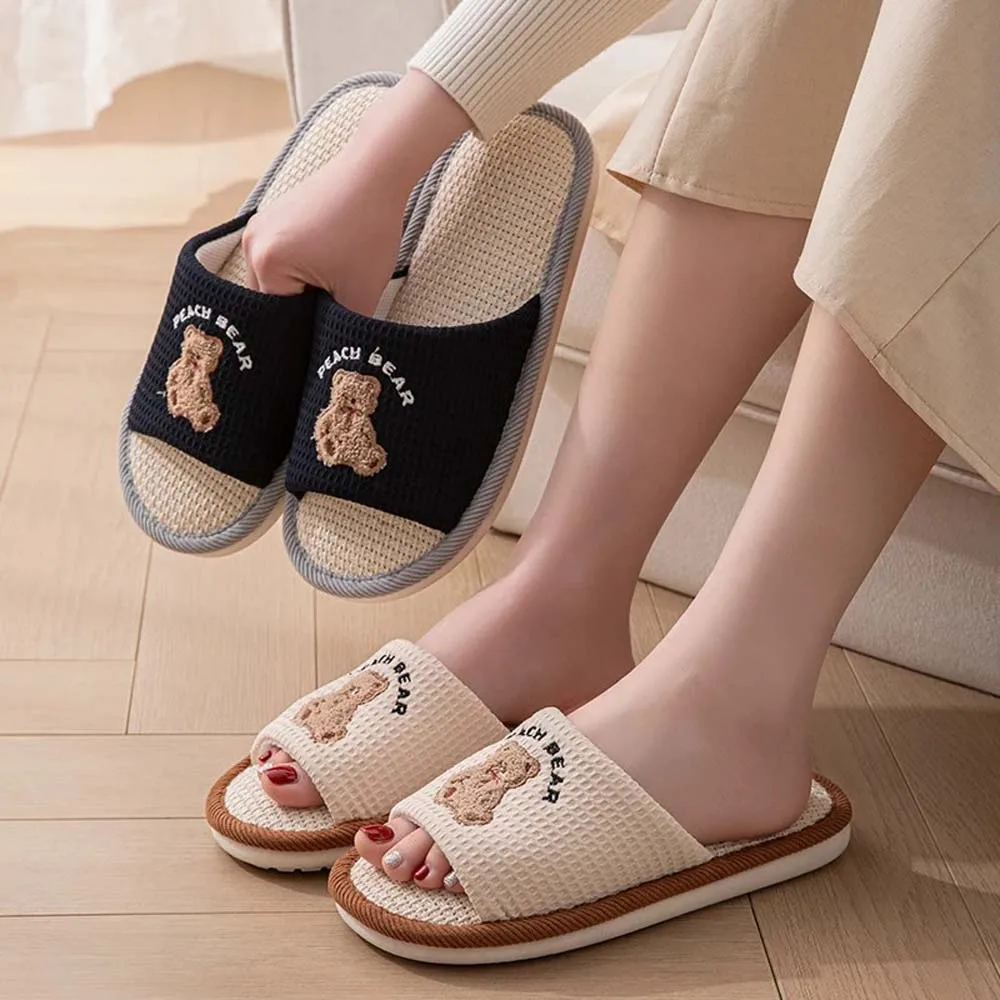 

BASATU Cute Cartoon Slippers For Women Summer Linen Woman Slippers Men Falt Flip Flops Indoor Home Non-Slip Cotton Slipper