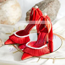 Red Tassel Pearl High Heels Satin Sandals Women Chic Pointy Festive Bridal Shoes Female Ankle Strap Elegant Party Dress Sandals