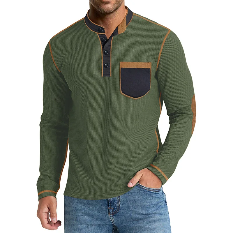 

American Mens Long Sleeve Stand Collar Henley Shirt Thermal Cotton Waffle Knit Casual Top Spring Autumn Fashion