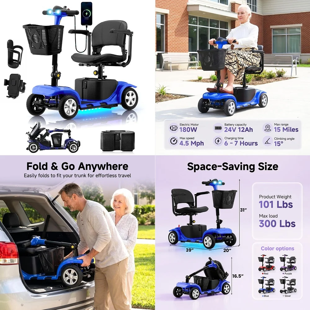 

Scooter for Adults, Senior, 4 Wheels Electric Powered Chargeable Device for Travel, Lightweight Mobility Scooter, with LED Head