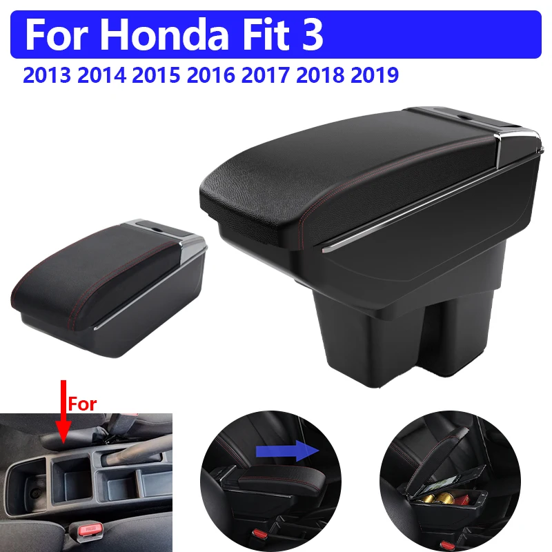 

For Honda Fit 3 Jazz GK 2013-2019 Car Armrest Center Console Box Storage with Cup Holder PU Leather No Drilling Easy Install