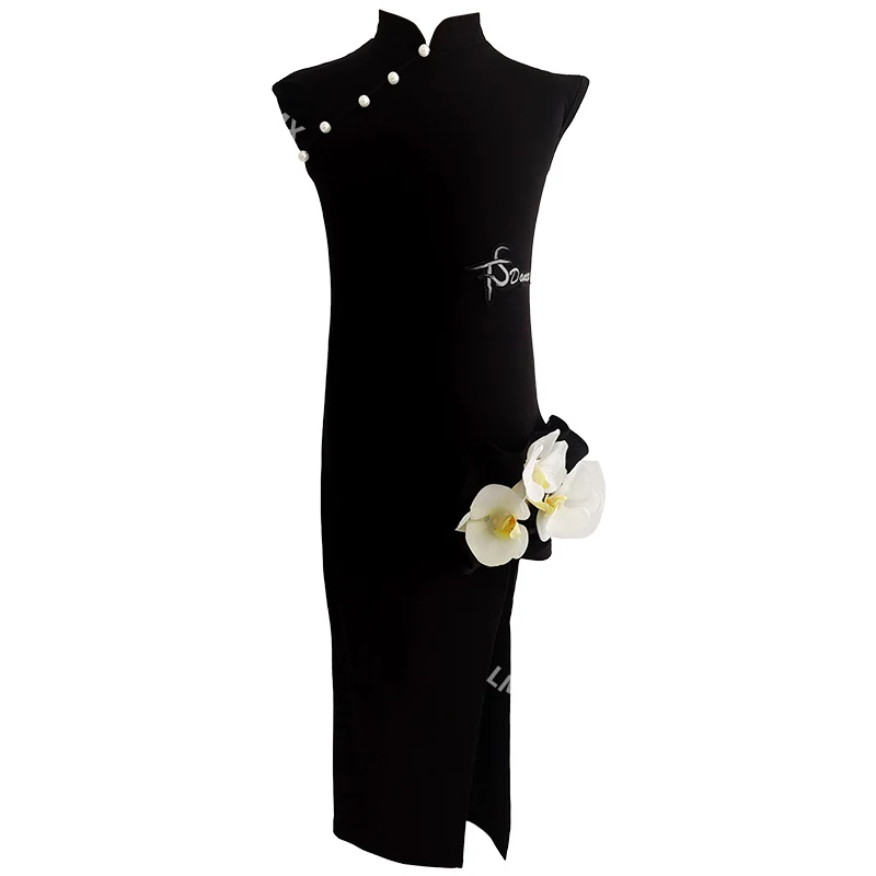 Vestido de actuación para niña, vestido de competición negro, vestido de baile cheongsam adelgazante, vestido de actuación de entrenamiento retro delgado