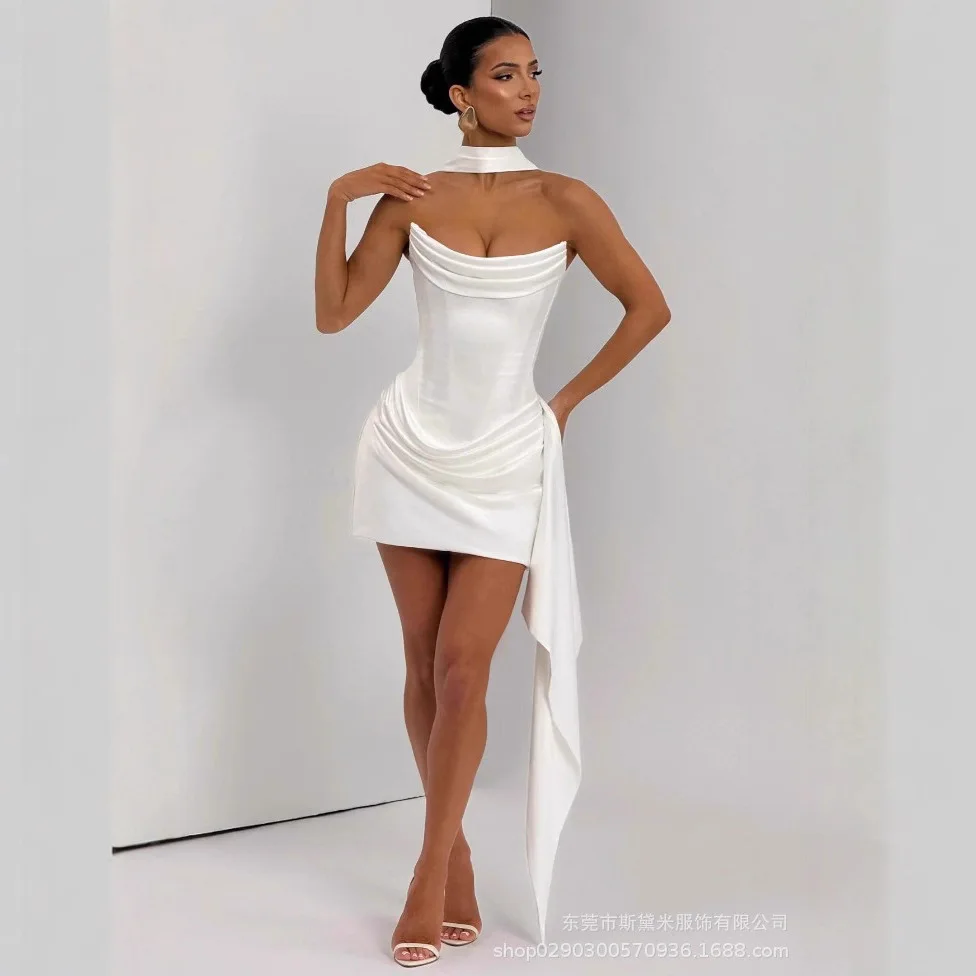 

Elegant White Strapless Short Satin Boned Sleeveless Dress for Special Occasions and Evening Wear
