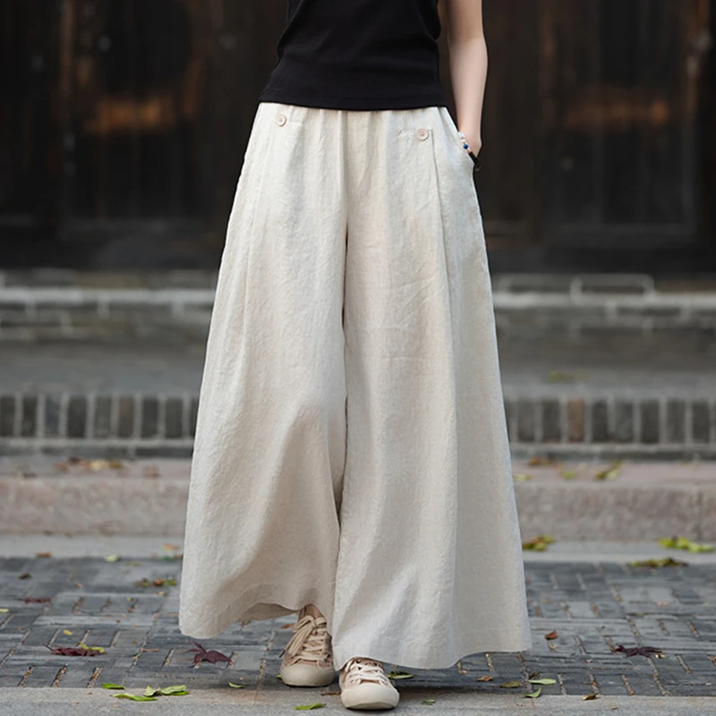 

100% Linen High Waist Wide Leg Pants Women New Arrival 2025 Spring Vintage Style Plain Color Loose Female Casual Trousers M1699