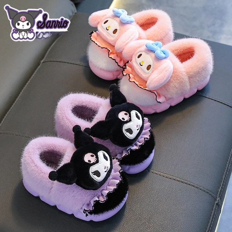 Sanliou Autumn and Winter Children's Cotton Slippers, Girls' Warm and Furry Parent-child Kuromi Bag Heel Cotton Shoes view 3
