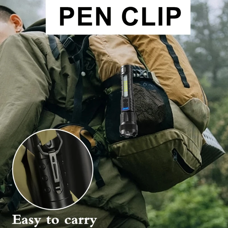 High Power Rechargeable LED Flashlight with Clip Ultra Strong Powerful Led Torch Light Built-in Battery Tactical Flashlight