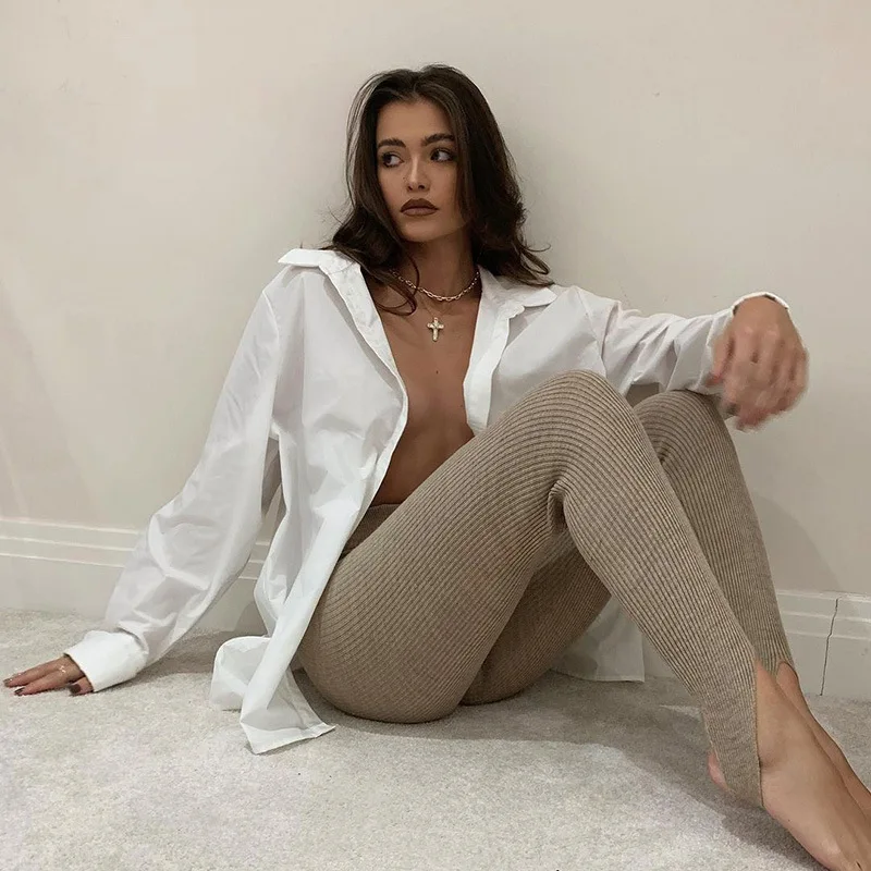 

Beige Ribbed Knit Leggings Women High Waist Cotton Fitness Basic Pants Casual Spring New All-Match Female Skinny Leggings