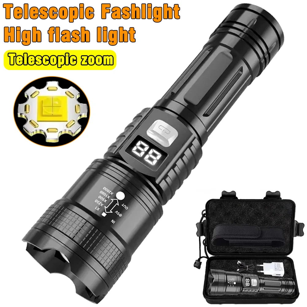 مصابيح LED فائقة السطوع، مصابيح يدوية قابلة لإعادة الشحن عبر USB مع بطارية مدمجة، شعلة قوية قابلة للتكبير في حالات الطوارئ الخارجية