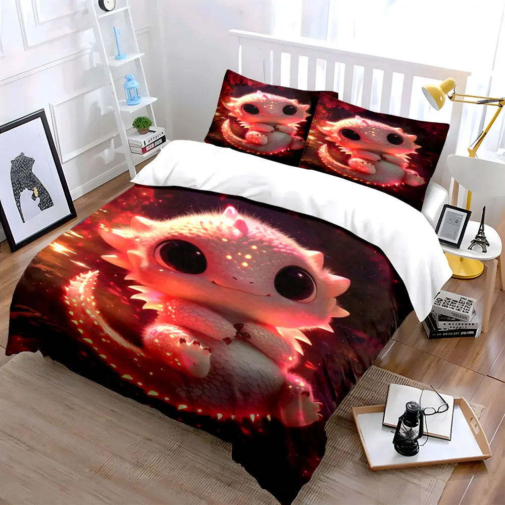 Adorable white dragon in glowing light Print Bedding Set 1 Duvet Cover 2 Pillowcases for Adult Children Luxury Gift Full Size