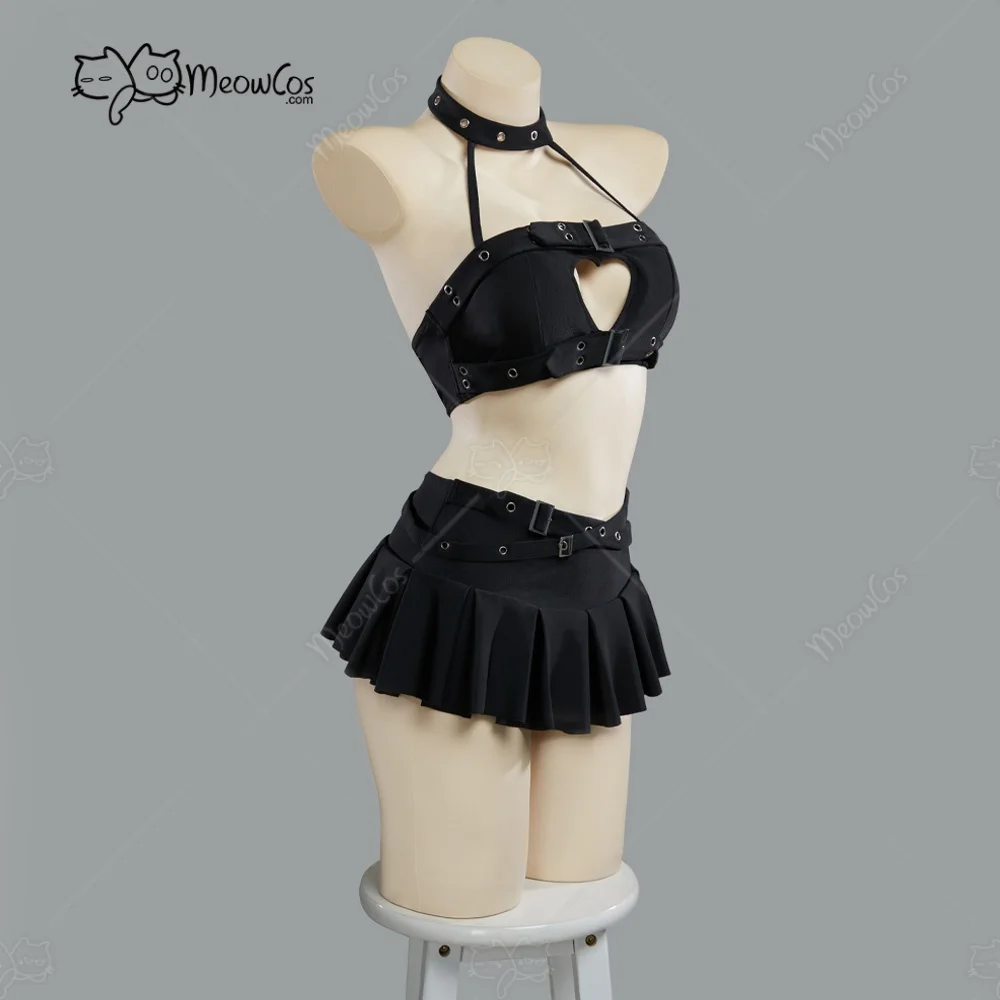 US Stock MEOWCOS Women Dark Rebel Gothic Black Heart Cutout Swimsuit Punky Buckle Two-Piece Beach Wear Halter Top and Culottes view 3