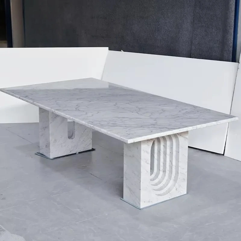 Style Carrara White Marble Dining Table with Openwork Legs for Villa Apartment Hotel Dininig Room Furniture