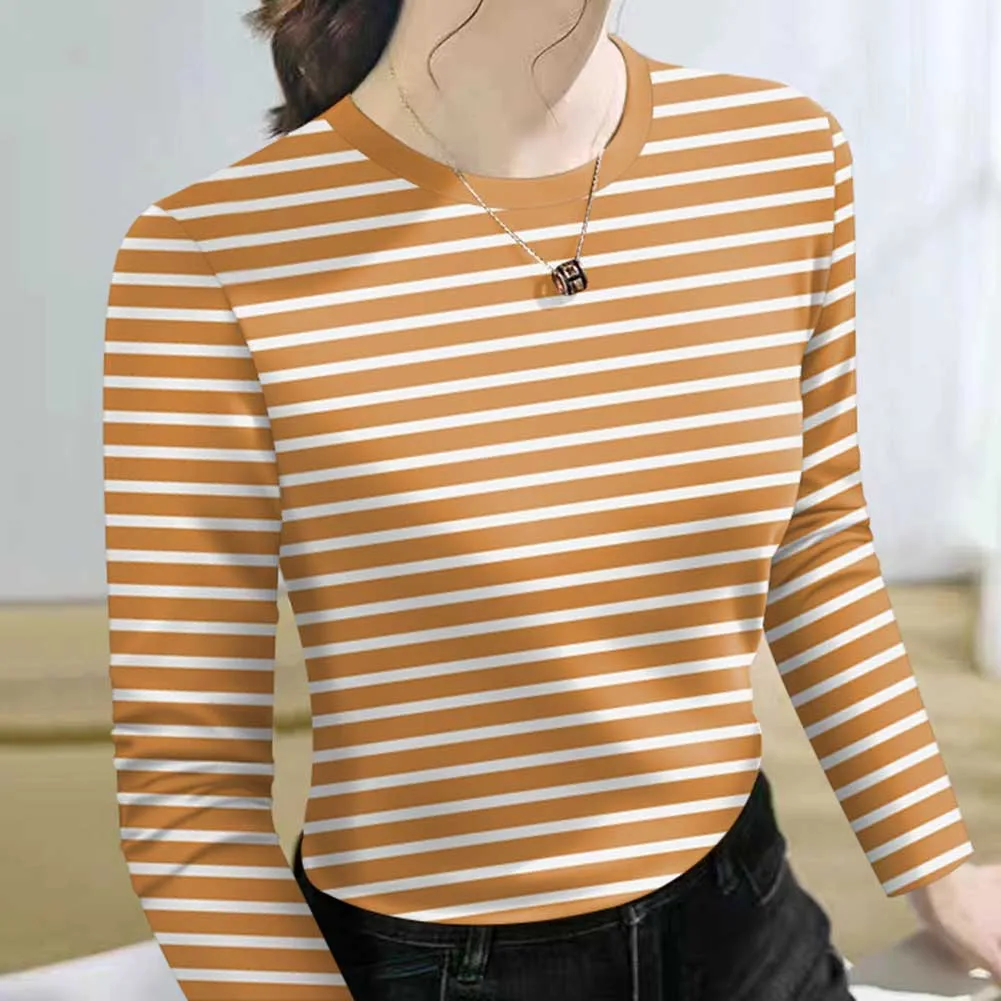

Casual Stylish Striped Long Sleeve Top Loose Fit Plus Size Ladies Polyester Fabric Suitable for All Season Use