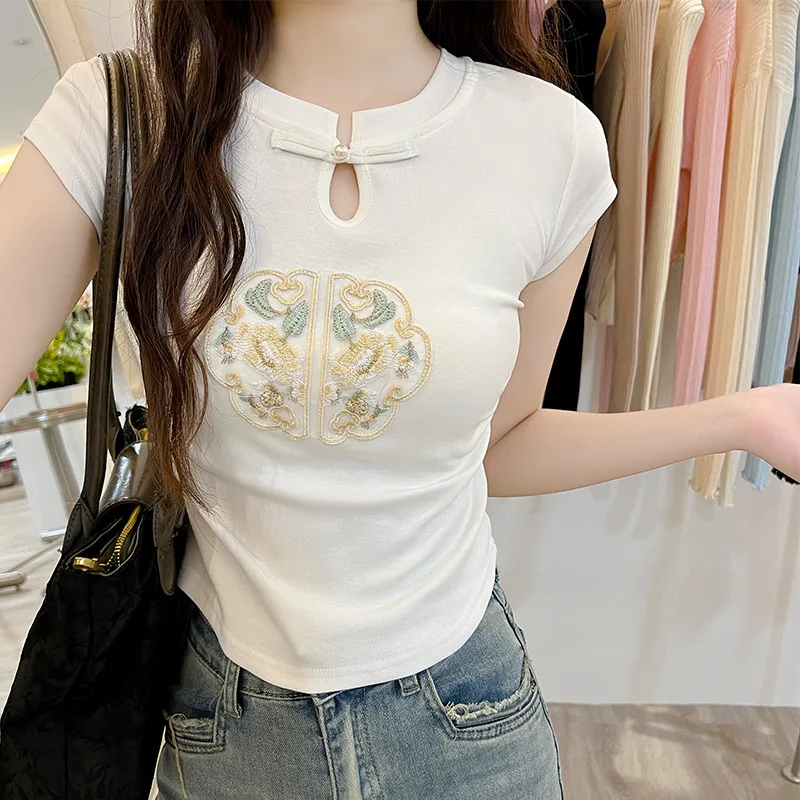 summer  New style  New Chinese style Embroidery Women's clothing  Chinese style buckle women's T-shirt  folds  slim  female tops