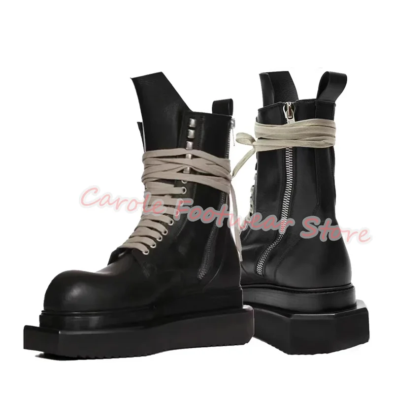 

Fashion Irregular Chunky Bottom Wedges Boots Male Cross-Tied Strap Motorcycle Boots Men's High Top Genuine Leather Zipper Boots