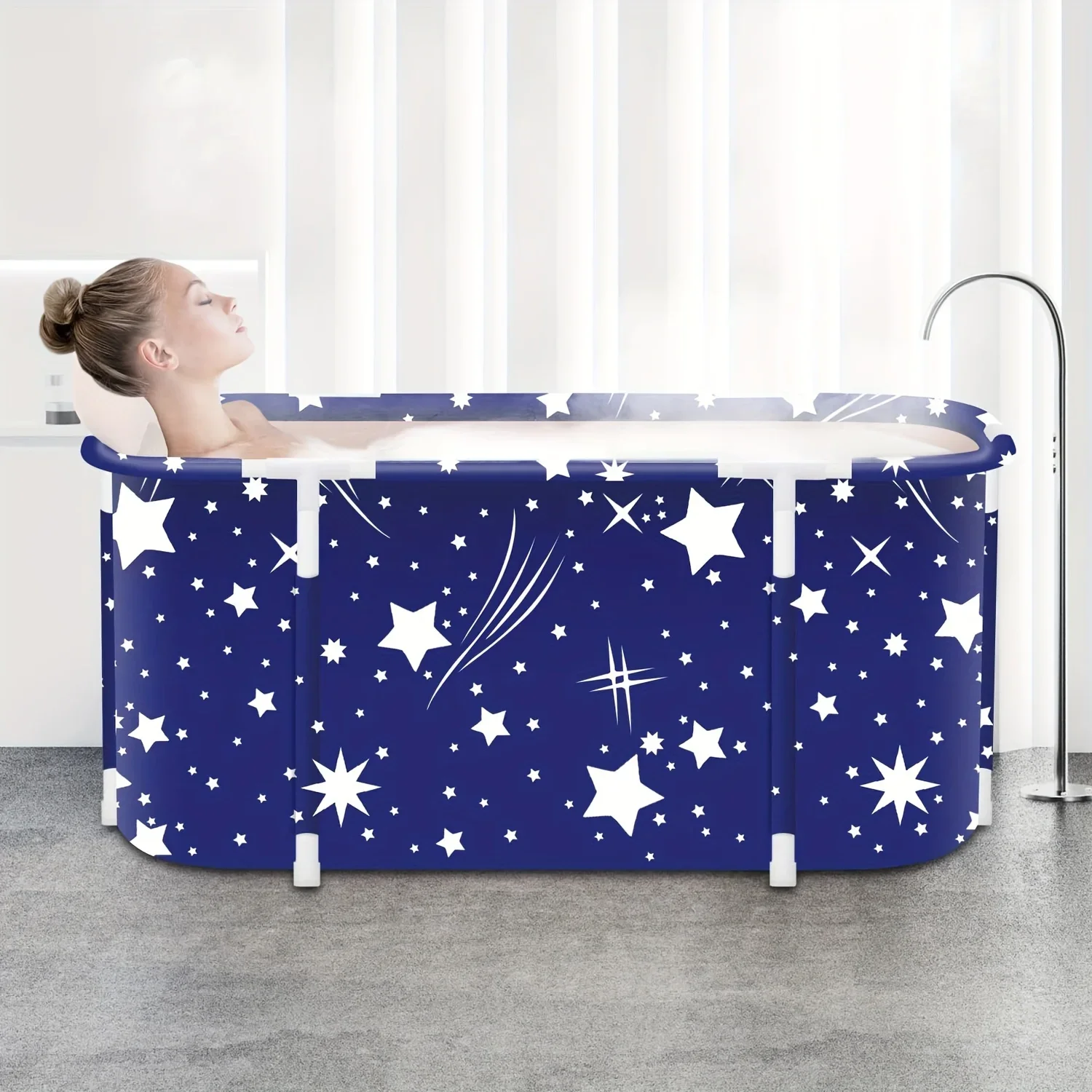 Portable Folding Bathtub for Adults,Contemporary Star Pattern Spa Bath Tub with Corner Drain,Freestanding Rectangle,Space Saving