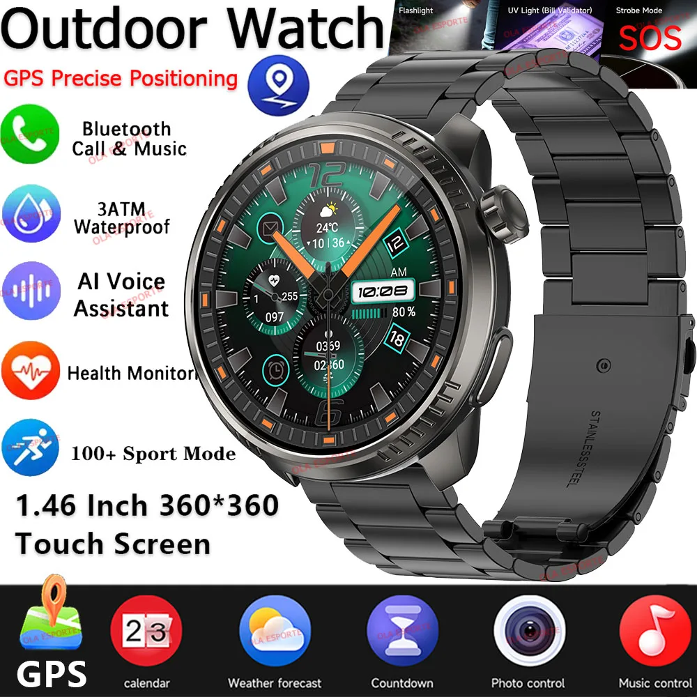 

Military Smart Watch Men GPS Precise Positioning 1.46" AMOLED Screen LED Flashlight Heart Rate Outdoor Sport BT Calls Smartwatch