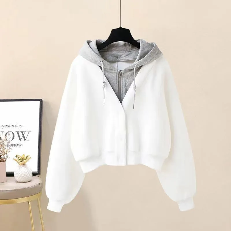 Huamian Composite #Hooded Fake Two-Piece Short Sweater Autumn Women's Splicing Design Sense Niche Small Cardigan Jacket