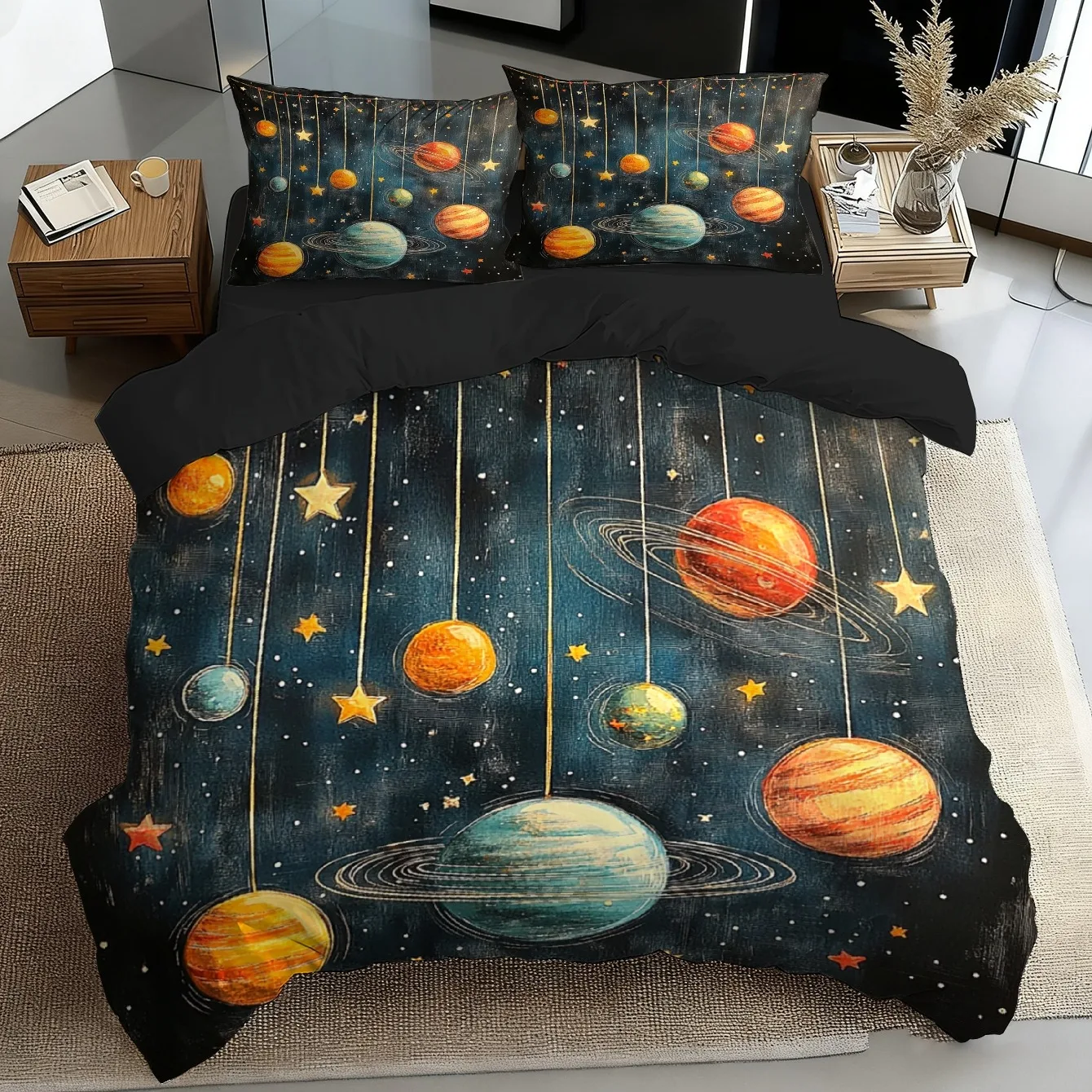 Deep Blue Duvet Cover Set with Starry Sky & Planet Print - Romantic Bedroom Decor for Valentine's Day & Christmas