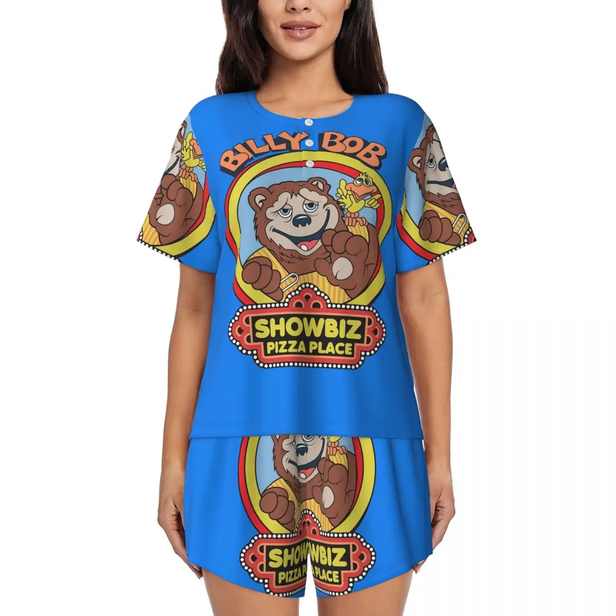 

Ночные рубашки Showbiz Pizza Billy Bob с круглым вырезом и короткими рукавами для сна, женский свободный пижамный комплект с короткими штанами