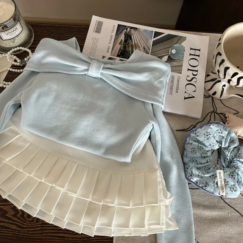 

Children's Clothing2025New Spring Summer Girls' Bowknot Base Shirt Children's White Pleated Skirt Pants Two-Piece Set Trendy