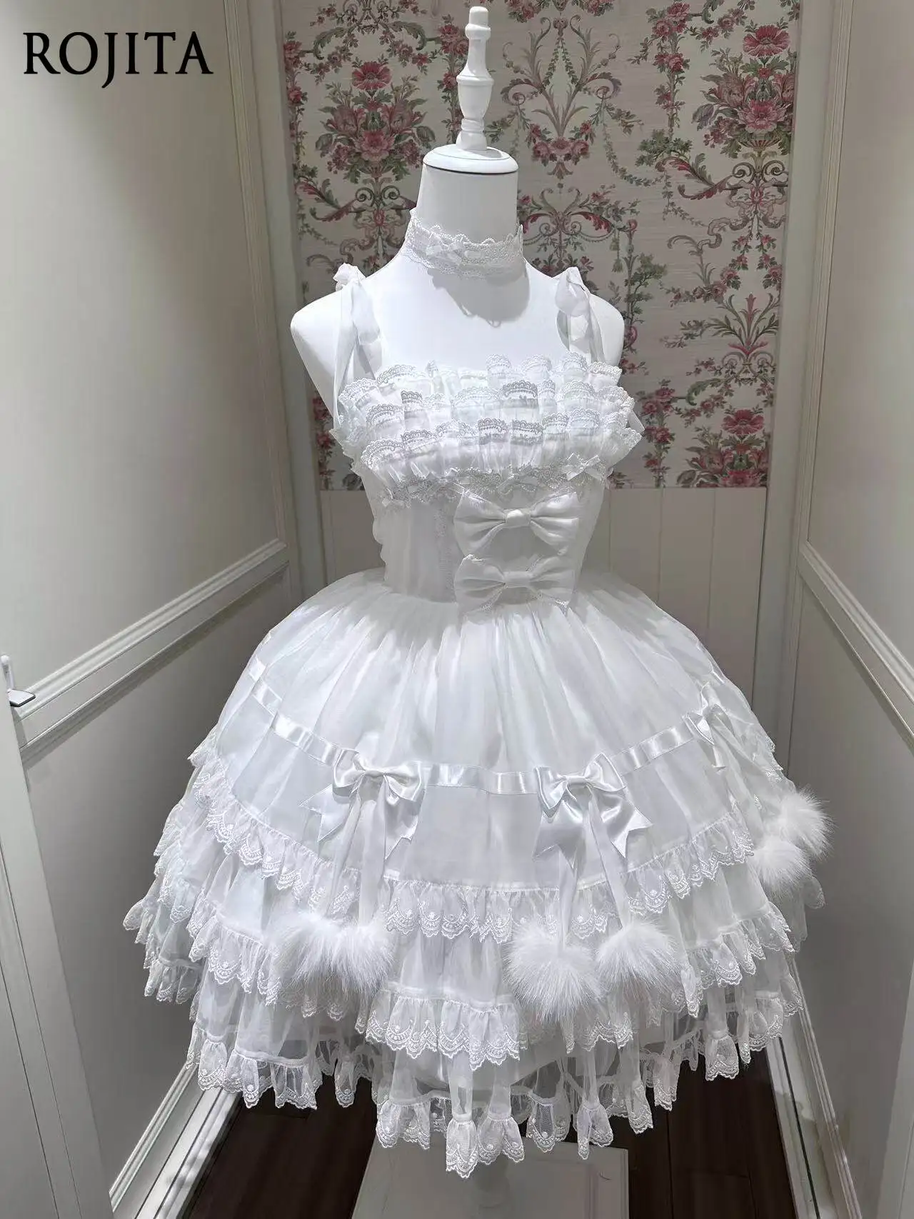 

Women's Sweet Lolita Tiered Lace JSK Dress with Feather Pom-Pom Bows Cute Lolita Dress Gauze Skirt White Lolita Dress