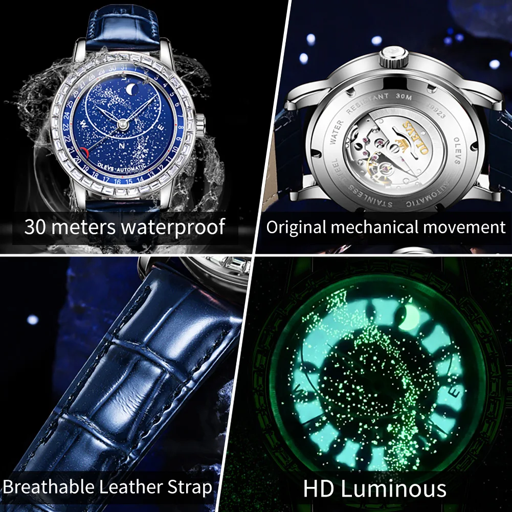 OLEVS Automatic Mechanical Watch for Men Fashion Leather Strap Starry Sky Rotation Lap Luminous Moon Phase Diamond Wristwatches