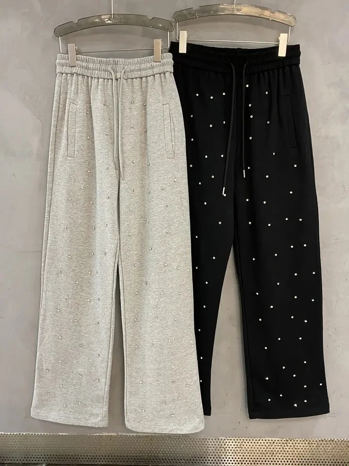 2024 Spring Fashion New Women High Quality Luxury Diamonds Long Pants Trouse for Female 2 Color