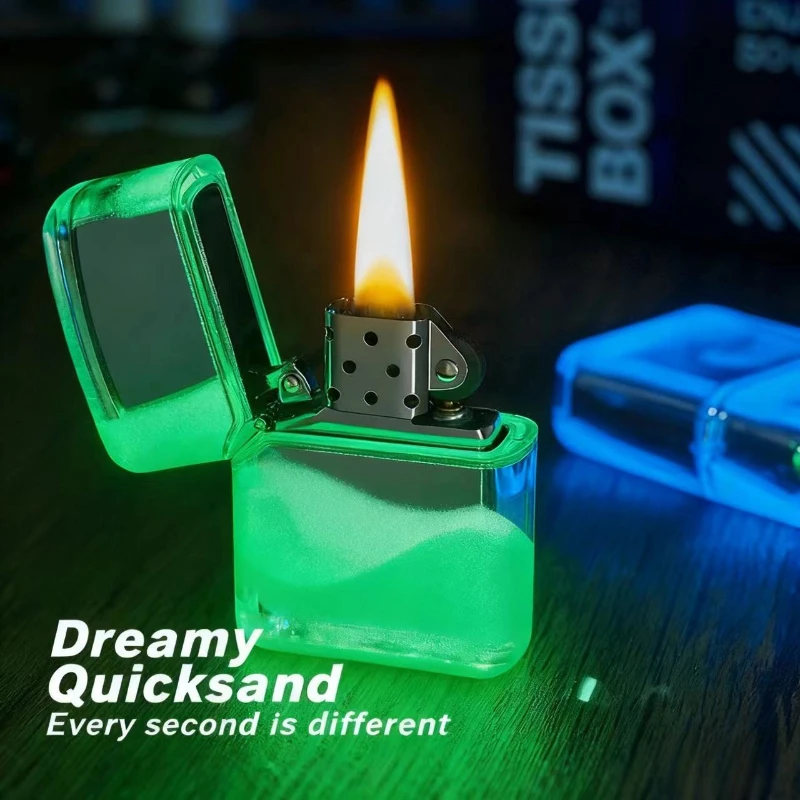 Bestverkochte vloeiende zand lichtgevende slijpschijf winddichte aansteker met coole acrylschelp kan worden gebruikt als cadeau voor vrienden!