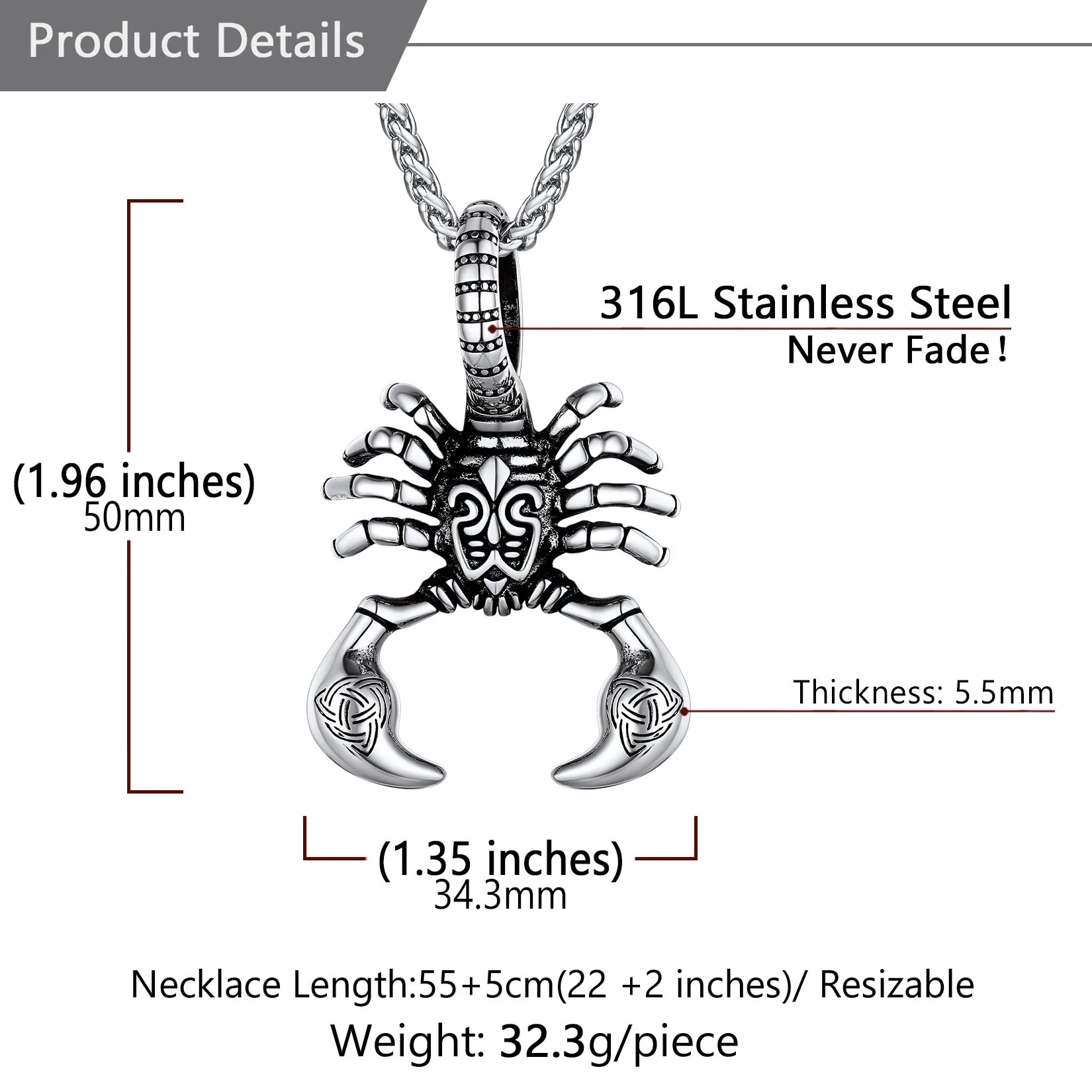 U7 aço inoxidável escorpião colares pingente animal 3mm 20 polegadas link corrente vintage unisex gótico punk jóias
