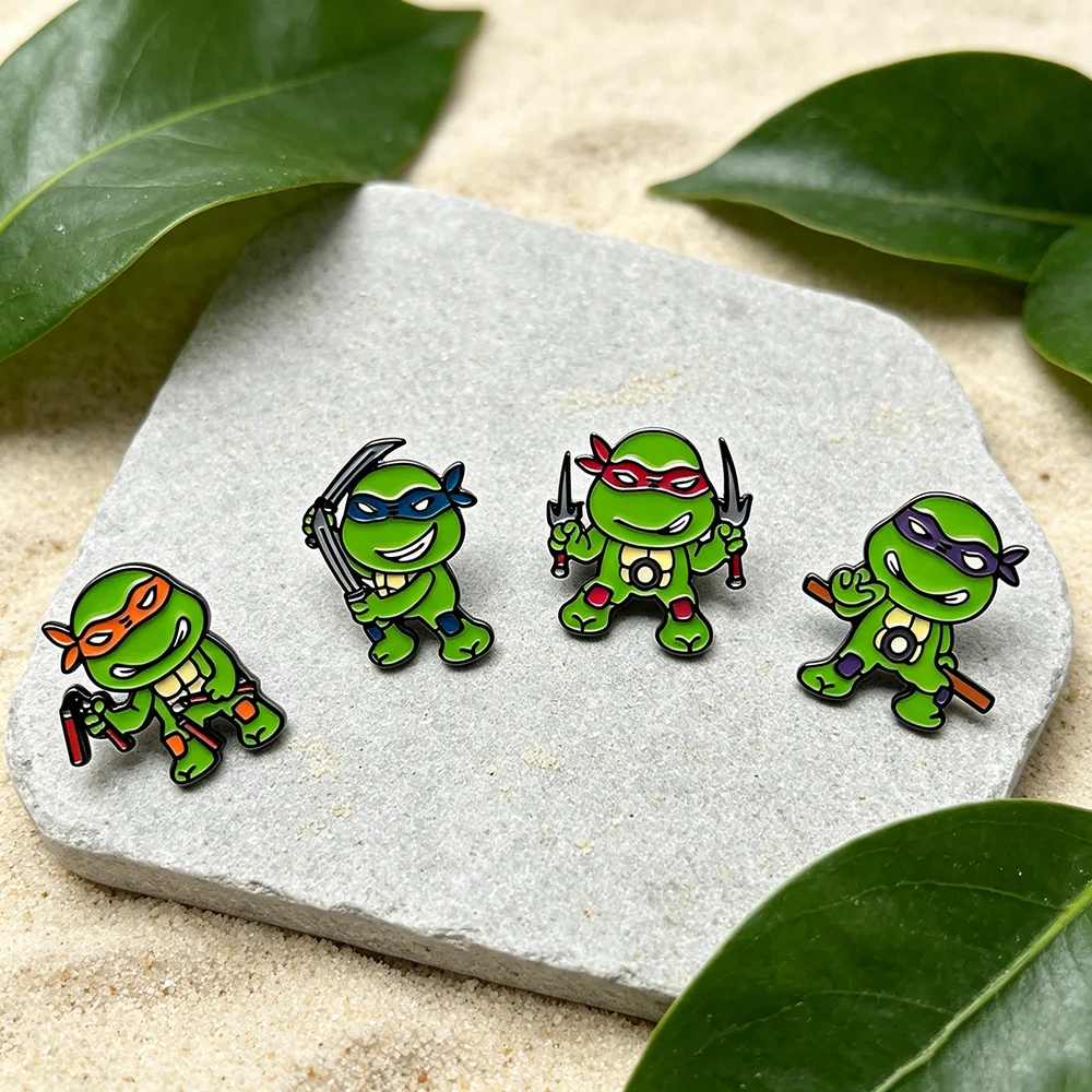 4Pcs Green Turtle Warrior Cartoon Lapel Pins Set