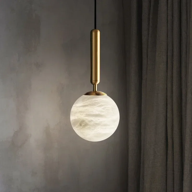 Modern Natural Marble All Copper Chandelier Single Head Bedroom Bedside Lamp Restaurant LED Alabaster Pendant Lamp Indoor Decor