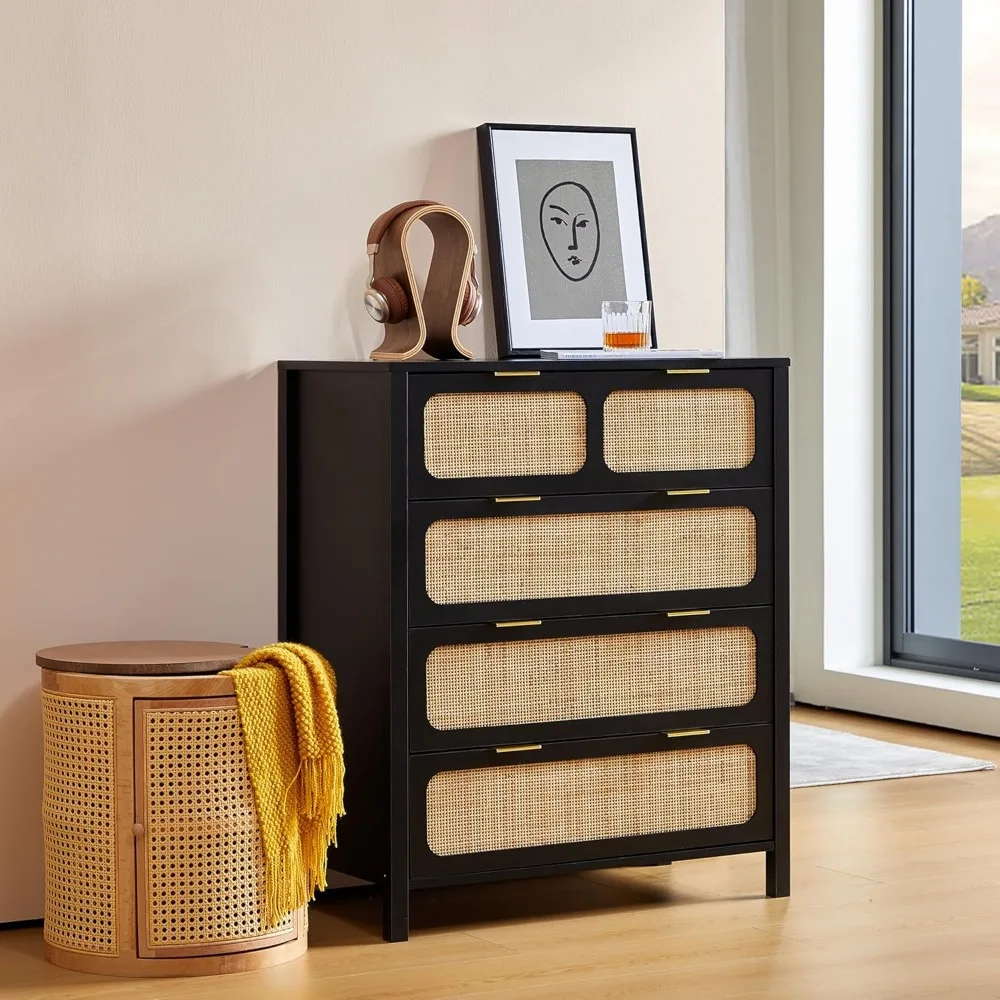 مجموعة من خزائن خشبية من الروطان بمقابض معدنية وخزائن تخزين لغرفة النوم #3