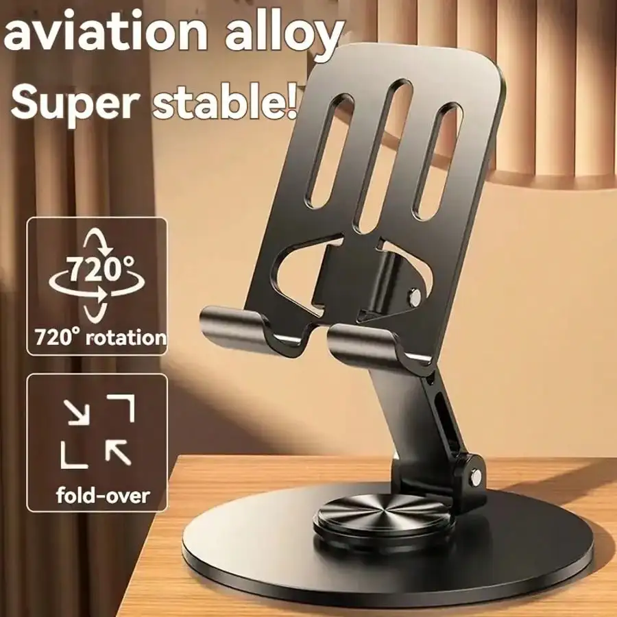 Foldable Metal Phone Stand 360° Rotation Adjustable Angle Desktop Holder Non-Slip Base Compatible With Phone Tablet For Live