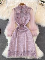 Elegant Purple Crochet Lace Embroidered Dress Patchwork Mesh Lantern Sleeve High Waist Fungus Ruffles Women Clothing Vestidos