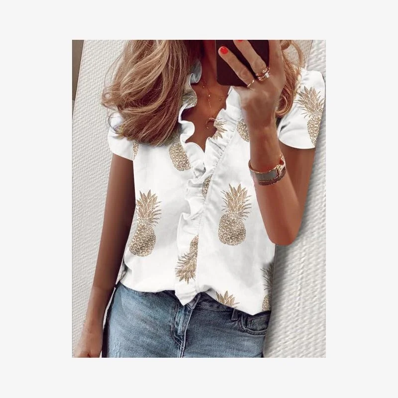 Damska bluzka Pine Print Slim Fit, modna, letnia, w stylu streetwear, casualowa, z kwiatowym koronkowym wykończeniem.