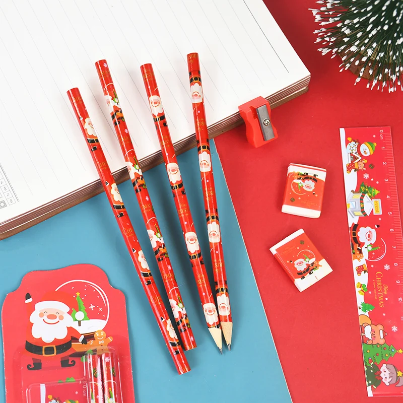 Cartoon Christmas Stationery Set Santa Claus Pencil Eraser Ruler School Supplies Kids Learning Stationery Back To School Decor