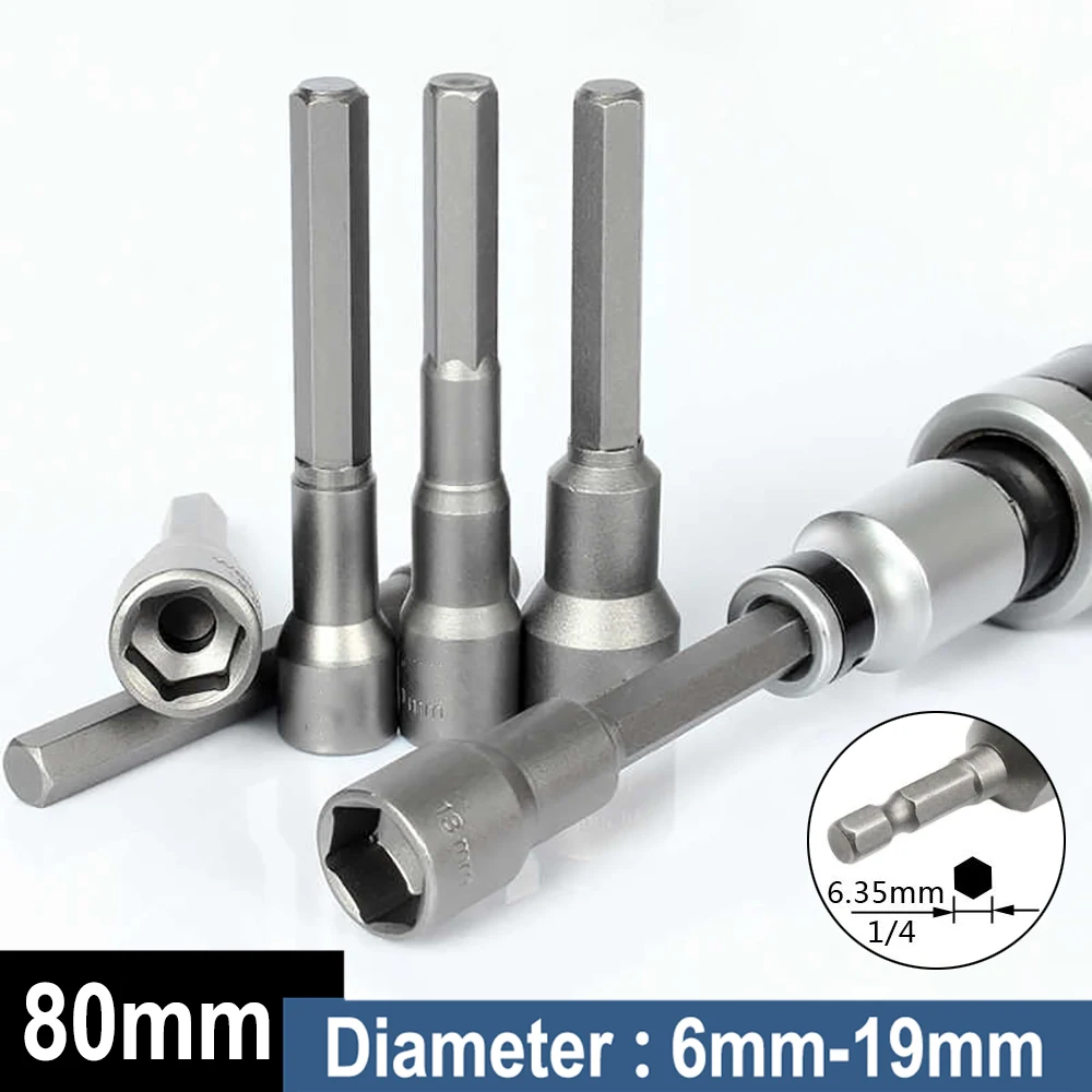 Impact Socket Nut Screwdriver 1/4 Hex Socket Sleeve Set Nut Driver Drill Bit Adapters 6 7 8 9 10 11 12 13 14 15 16 17 18 19mm