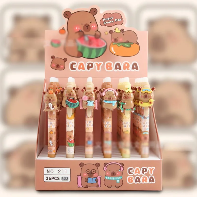 36pcs/lot Cartoon Capybara Erasable Press Gel Pen Cute 0.5mm Blue Ink Neutral Pens Office School Writing Supply