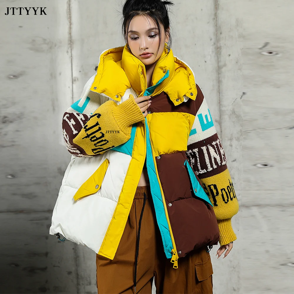 Chaqueta de plumón con letras cosidas para mujer, Parka con capucha, abrigo de plumón suelto, ropa cálida informal gruesa para mujer, ropa de calle