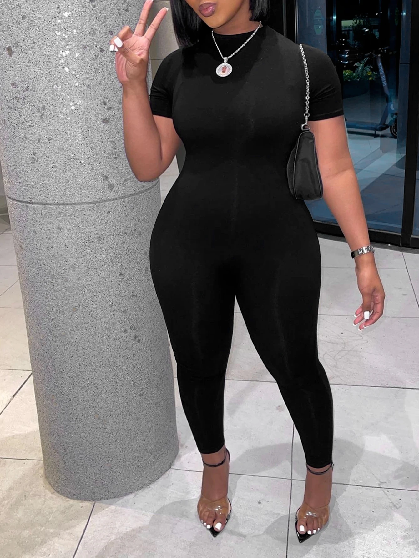 

LW Plus Size Jumpsuit Round Neck Skinny Jumpsuit summer short sleeve Pencil Jumpsuit Casual Fitness Sporty Playsuit Jumpsuit