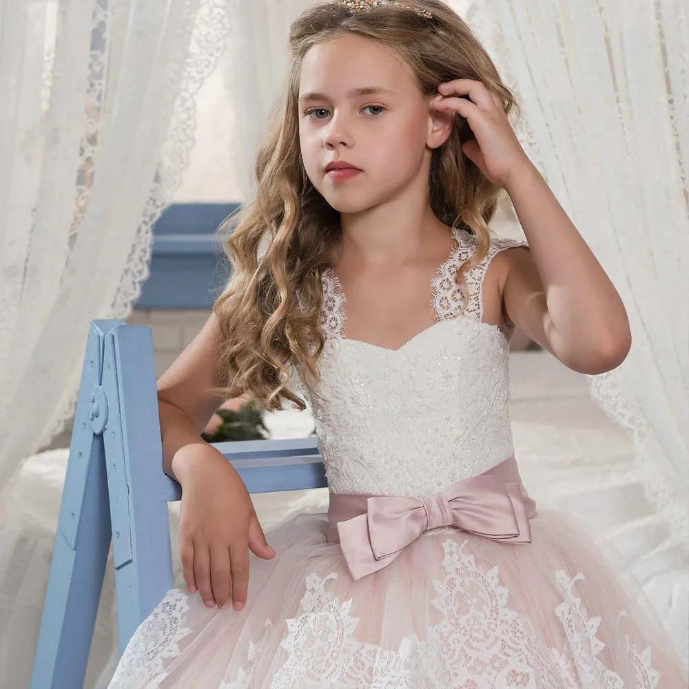 Vestidos de niña de flores rosas, tul hinchado, apliques de encaje blanco con lazo, sin mangas para boda, fiesta de cumpleaños, vestidos de primera comunión