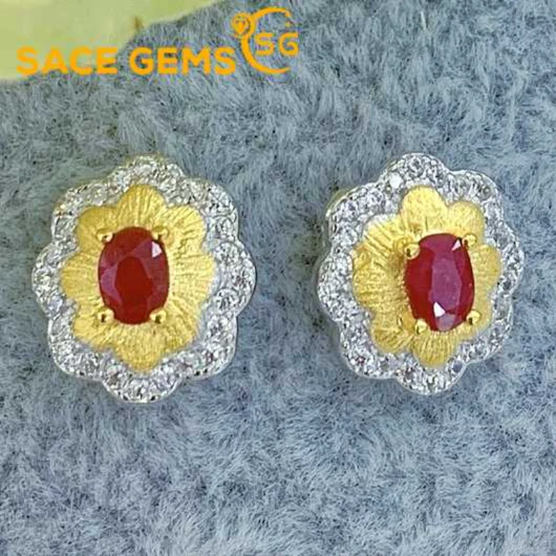 SACE GEMS Fashion Drop Earrings for Women 925 Sterling Silver 3*4MM Ruby Stud Earrings Wedding Party Fine Jewelry Gift