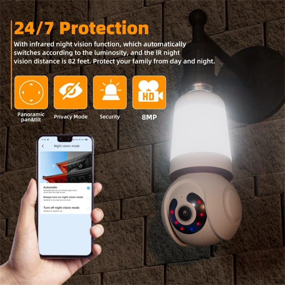 4K 8MP E27 Bulb Camera Wifi Surveillance with LED Bulb 10X Zoom CCTV PTZ Smart Tracking Two-way Audio Night Vision Wireless Cam