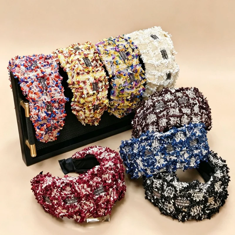 Women Tweed Wide Headband Autumn Winter Fluffy Hair Hoop High Skull Top Hairband Elegant Hair Accessories