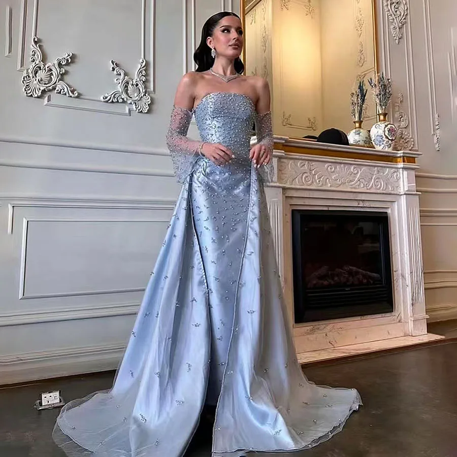 2025 Elegant Evening Dress Wedding Dress Plus Size Shiny Pearls Robe De Soirée Train Prom Gown Formal Occasion Dress Custom