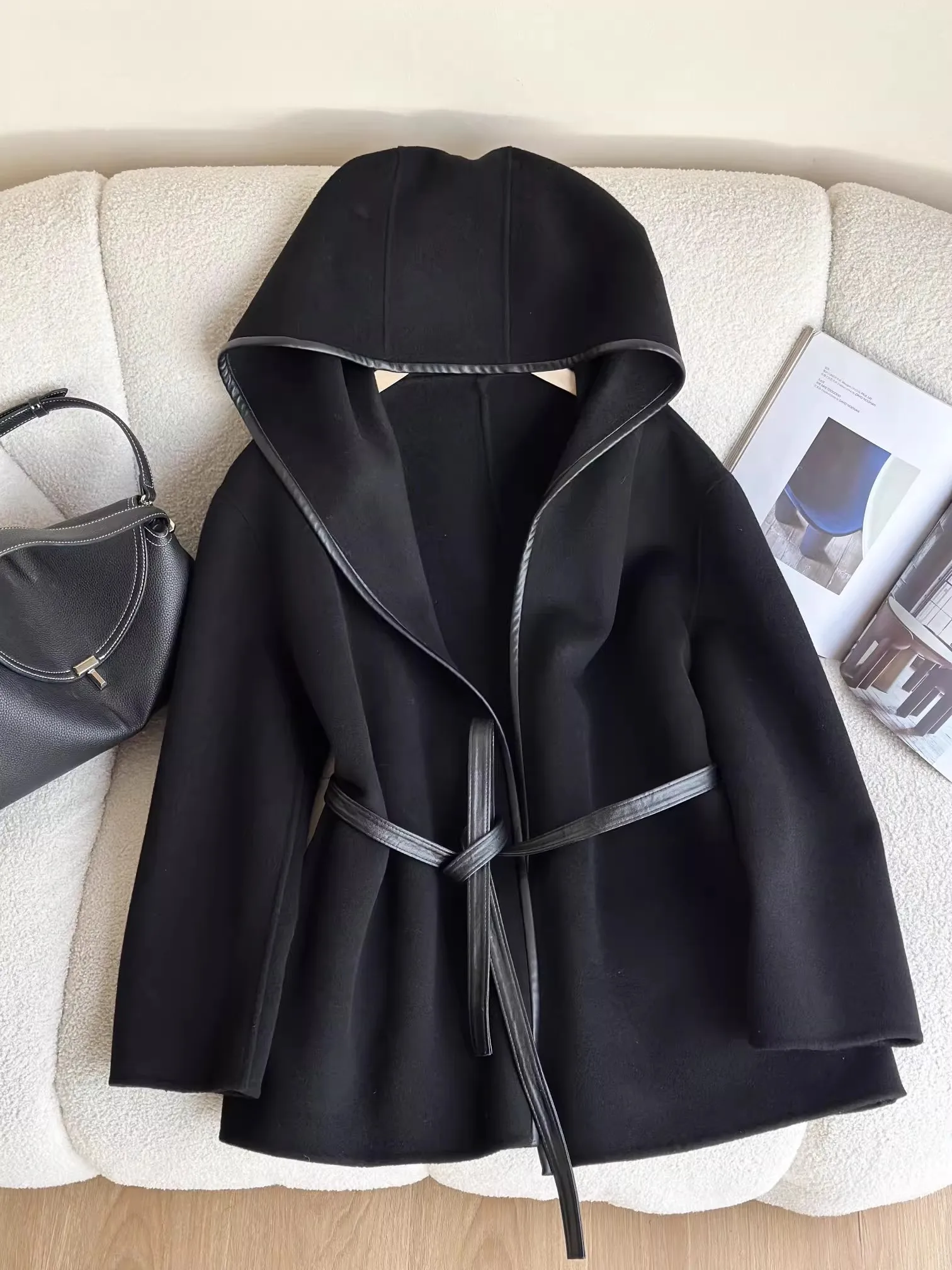 

Высококачественное стеганое кожаное шерстяное пальто с капюшоном Hepburn Sle, двустороннее или Batobe Sle, осенне-зимнее женское платье